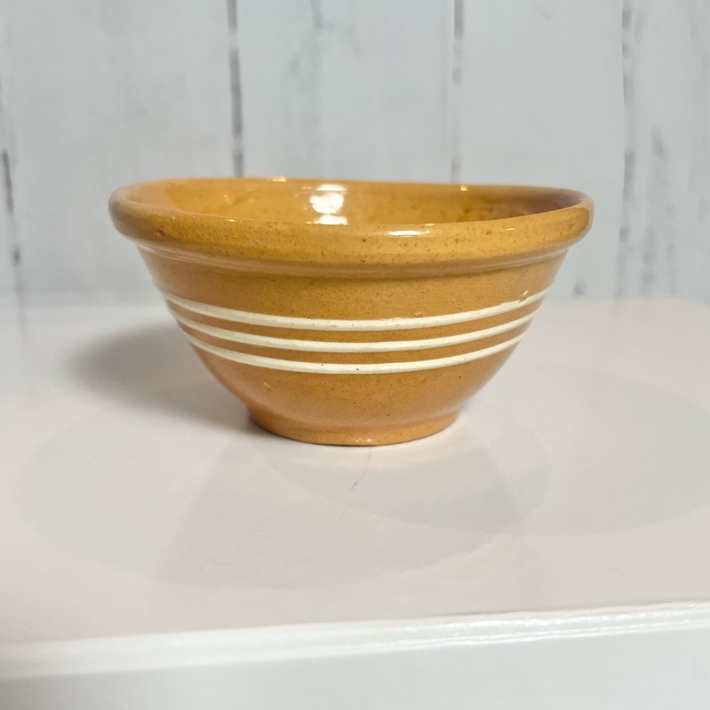 Antique Yellow Ware Bowl Three White Stripes
